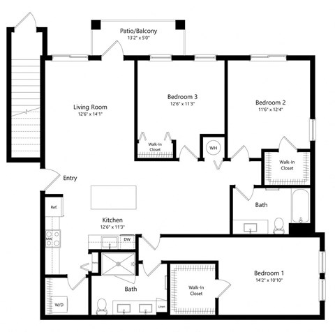 Three Bedroom Floor Plan with 1,436 Sq. Ft. at Boca Vue Luxury Apartments in Boca Raton, FL
